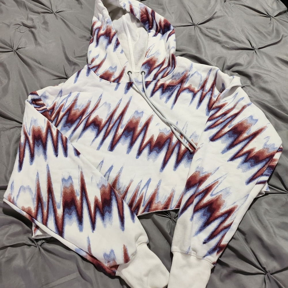 FP Movement Free People XS Cropped Hoodie Abstract Ikat Zigzag Print White Blue